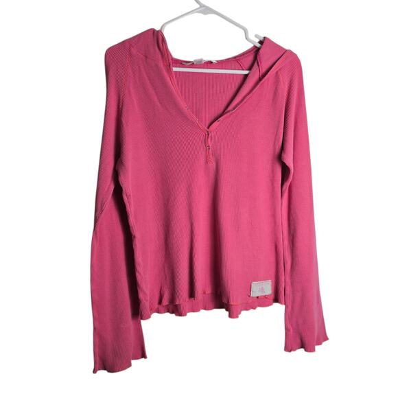 Victoria's Secret Tops - Y2K Victoria’s Secret Pink Thermal Hoodie Top Waffle Knit Lettuce Hem M 2005